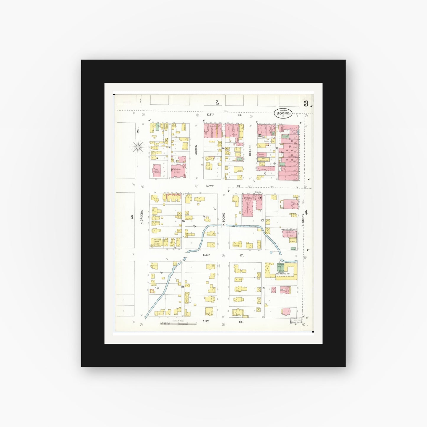 Old map wall art mockup — black gallery frame with white mat — Sanborn Fire Insurance Map from Boone, Boone County, Iowa (1900), Sheet #0003