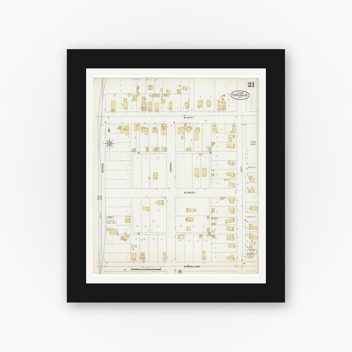 Old map wall art mockup — black gallery frame with white mat — Sanborn Fire Insurance Map from Fond du Lac, Fond du Lac County, Wisconsin (1898), Sheet #0021