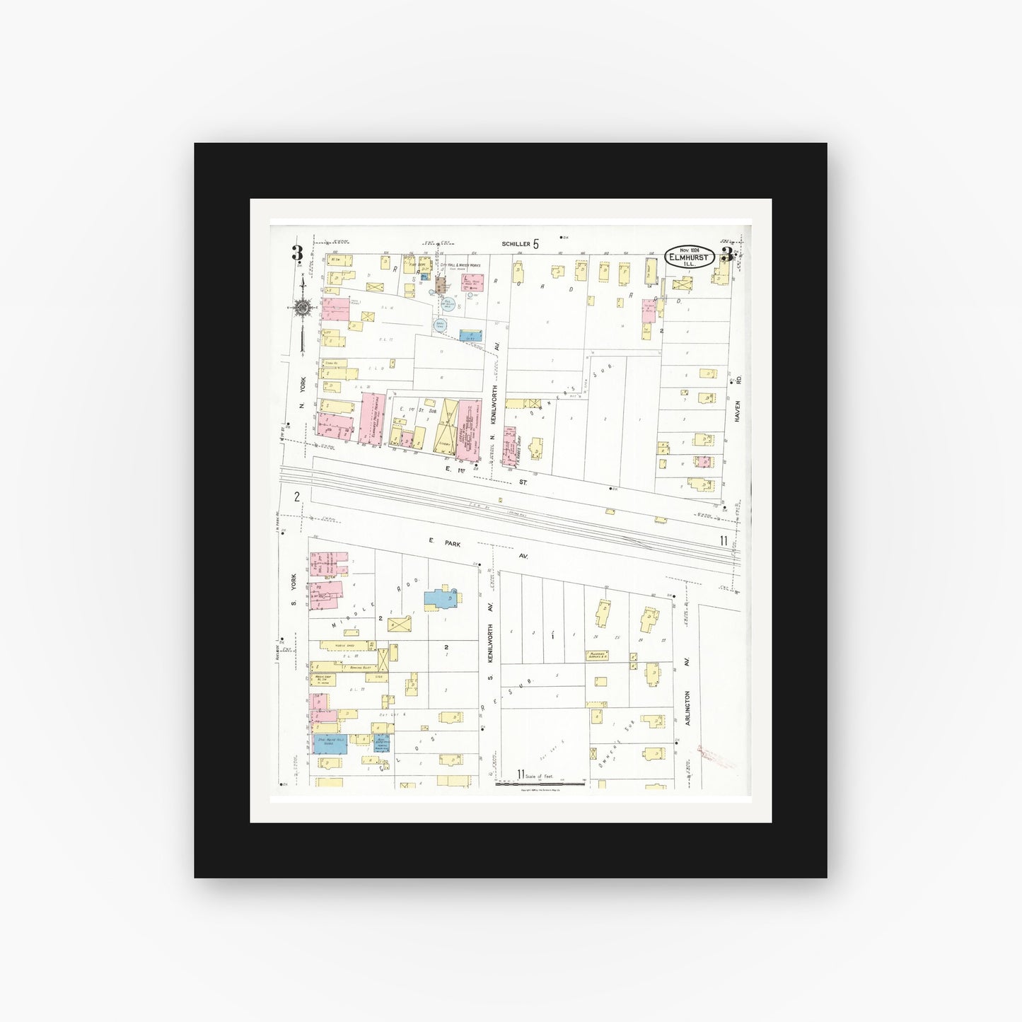 Old map wall art mockup — black gallery frame with white mat — Sanborn Fire Insurance Map from Elmhurst, Du Page County, Illinois (1924), Sheet #0003