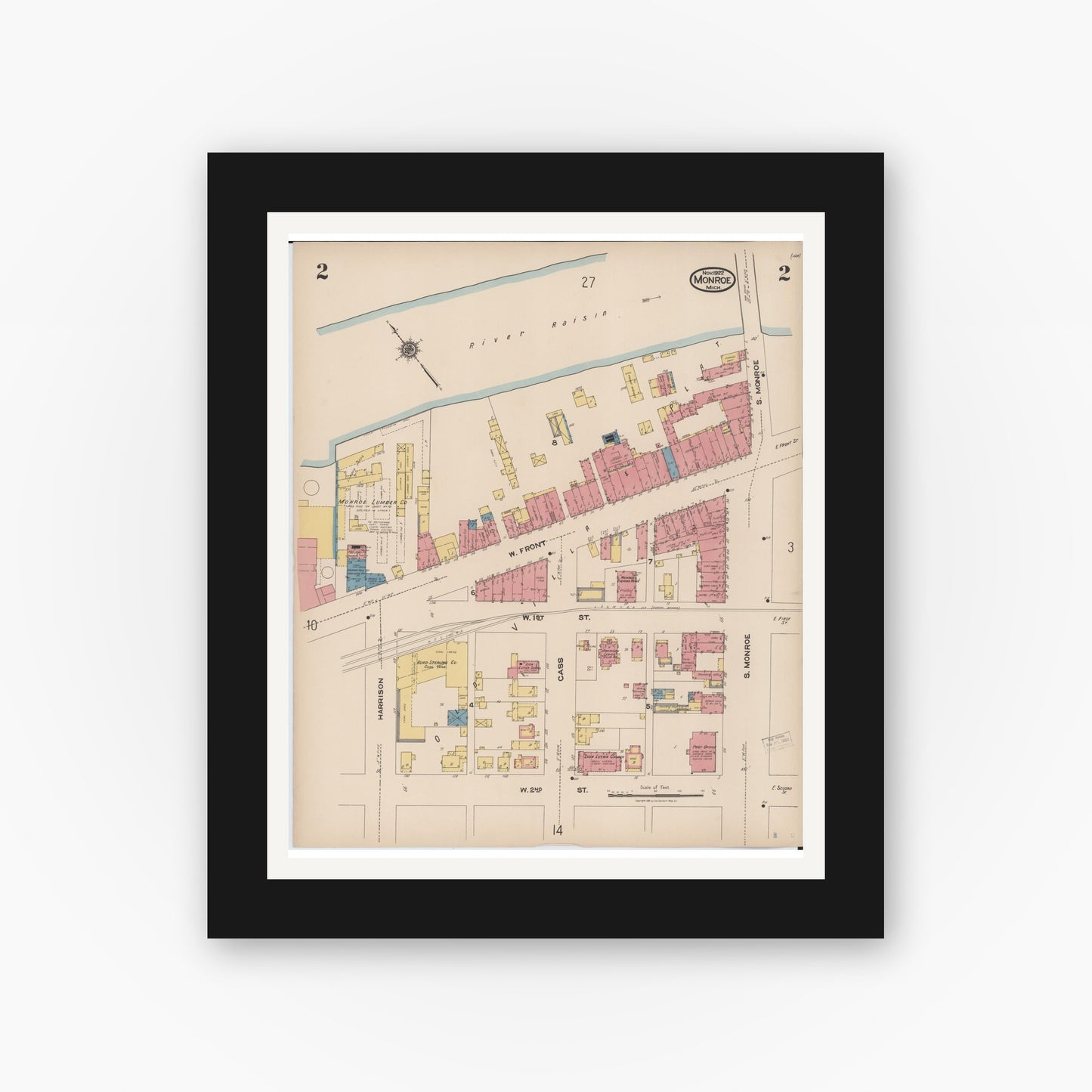 Old map wall art mockup — black gallery frame with white mat — Sanborn Fire Insurance Map from Monroe, Monroe County, Michigan (1922), Sheet #0002