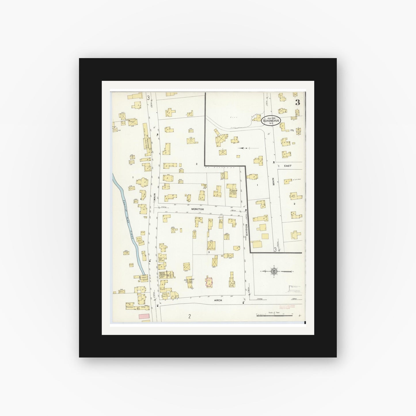 Old map wall art mockup — black gallery frame with white mat — Sanborn Fire Insurance Map from Schenevus, Otsego County, New York (1910), Sheet #0003