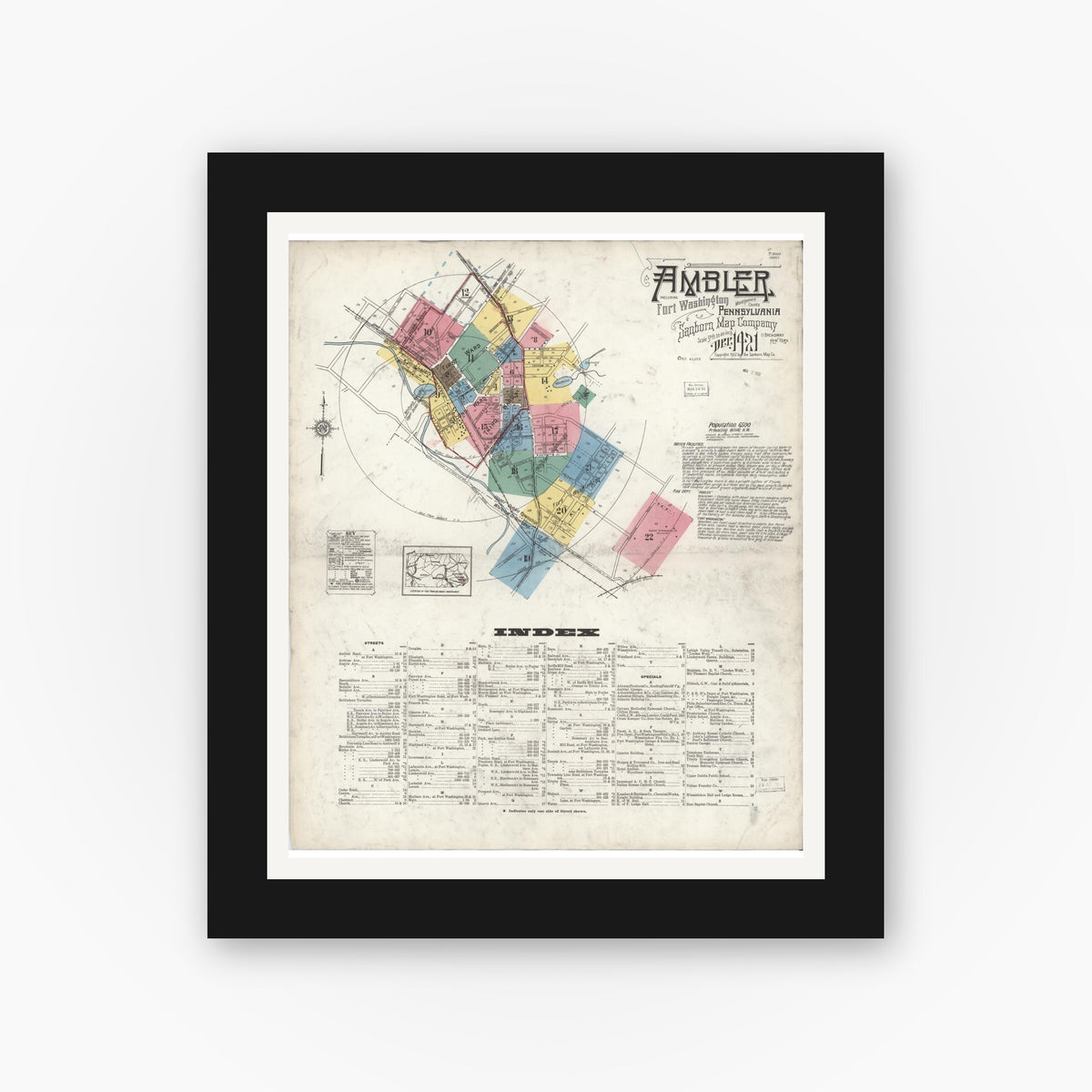 Old map wall art mockup β black gallery frame with white mat β Sanborn Fire Insurance Map from Ambler, Montgomery County, Pennsylvania (1921), Sheet #0001