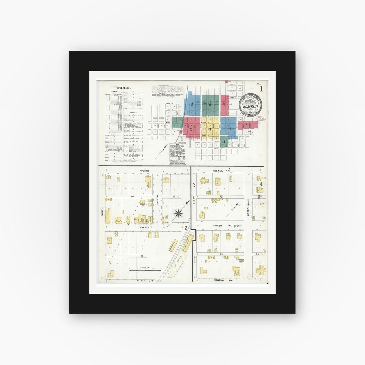 Old map wall art mockup — black gallery frame with white mat — Sanborn Fire Insurance Map from Rosebud, Falls County, Texas (1909) - Complete Map Set