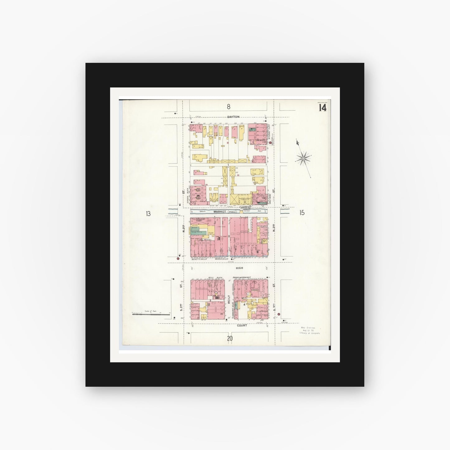 Old map wall art mockup — black gallery frame with white mat — Sanborn Fire Insurance Map from Hamilton, Butler County, Ohio (1899), Sheet #0014