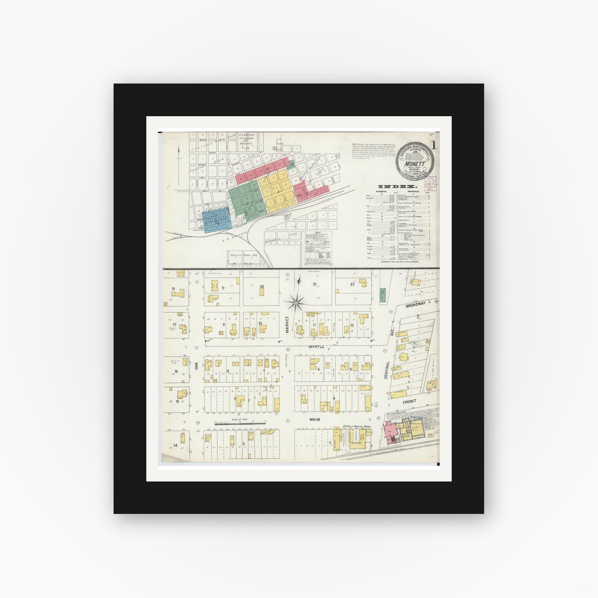 Old map wall art mockup — black gallery frame with white mat — Sanborn Fire Insurance Map from Monett, Barry County, Missouri (1902) - Complete Map Set