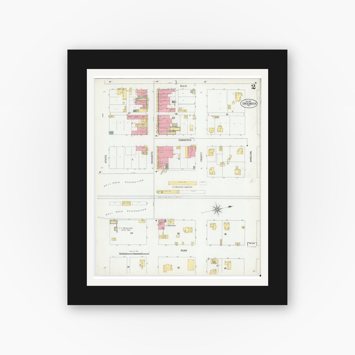 Old map wall art mockup — black gallery frame with white mat — Sanborn Fire Insurance Map from Groesbeck, Limestone County, Texas (1901), Sheet #0002