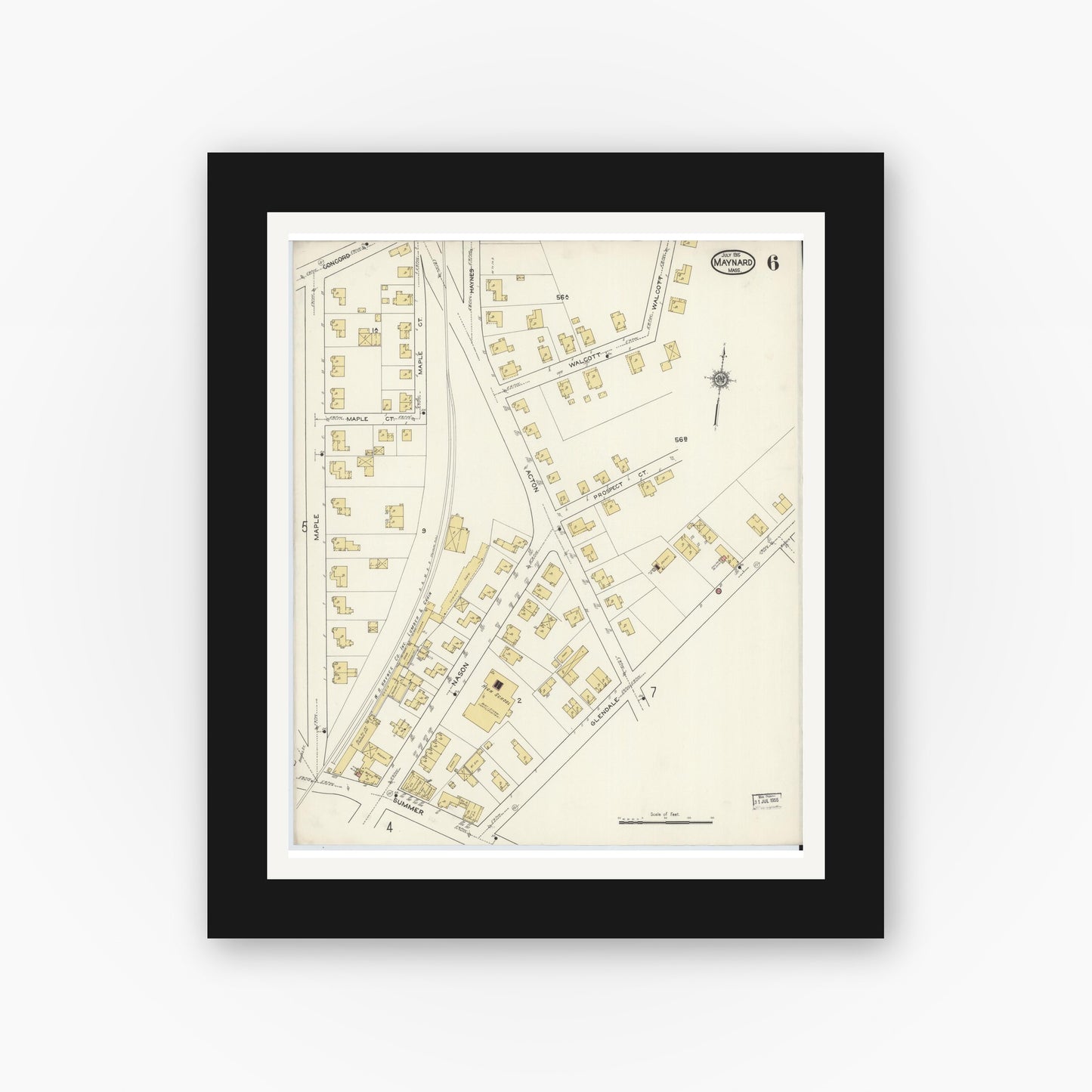 Old map wall art mockup — black gallery frame with white mat — Sanborn Fire Insurance Map from Maynard, Middlesex County, Massachusetts (1915), Sheet #0006