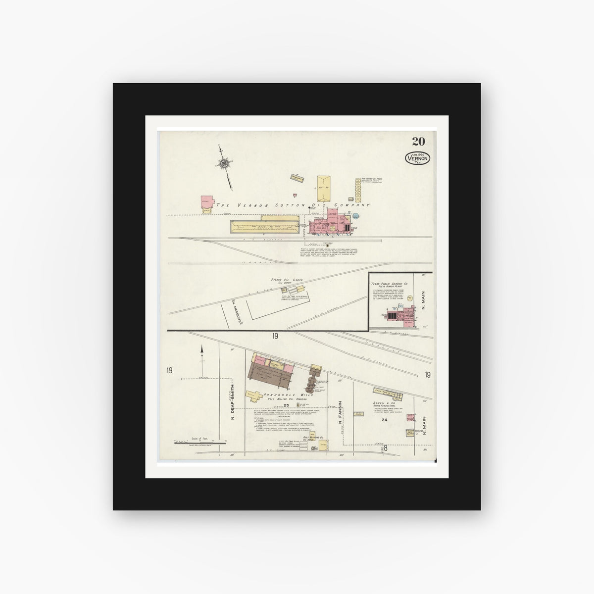 Old map wall art mockup — black gallery frame with white mat — Sanborn Fire Insurance Map from Vernon, Wilbarger County, Texas (1920), Sheet #0020