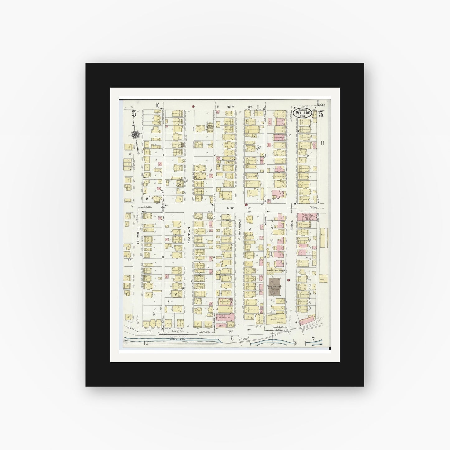 Old map wall art mockup — black gallery frame with white mat — Sanborn Fire Insurance Map from Bellaire, Belmont County, Ohio (1924), Sheet #0005