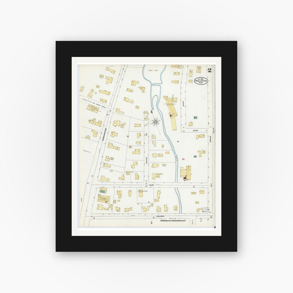 Old map wall art mockup — black gallery frame with white mat — Sanborn Fire Insurance Map from Holliston, Middlesex County, Massachusetts (1906), Sheet #0002