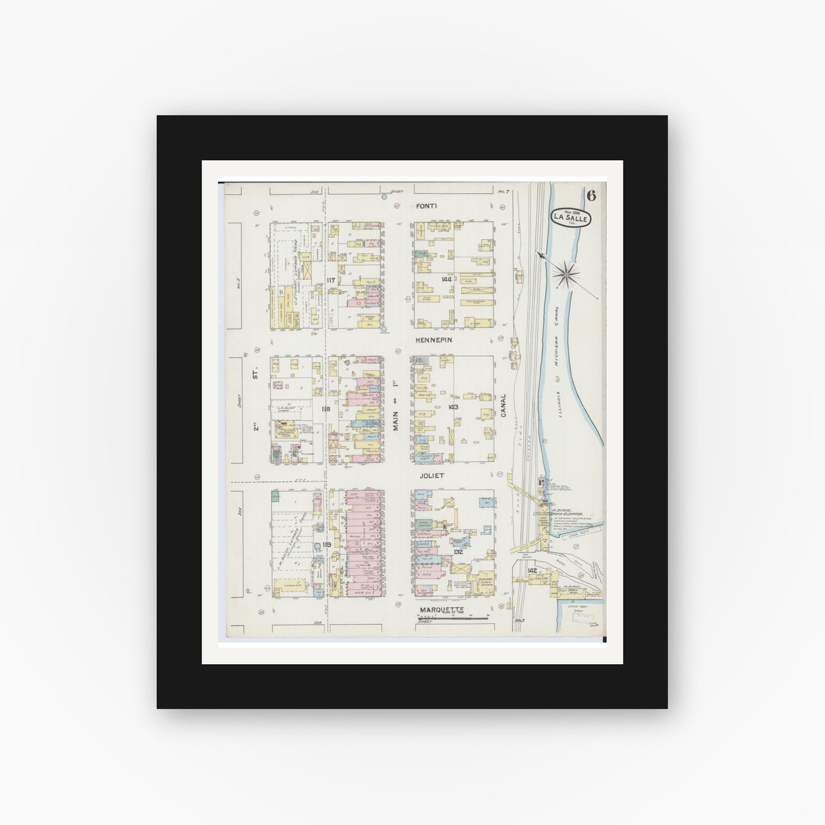 Old map wall art mockup — black gallery frame with white mat — Sanborn Fire Insurance Map from La Salle, La Salle County, Illinois (1888), Sheet #0006