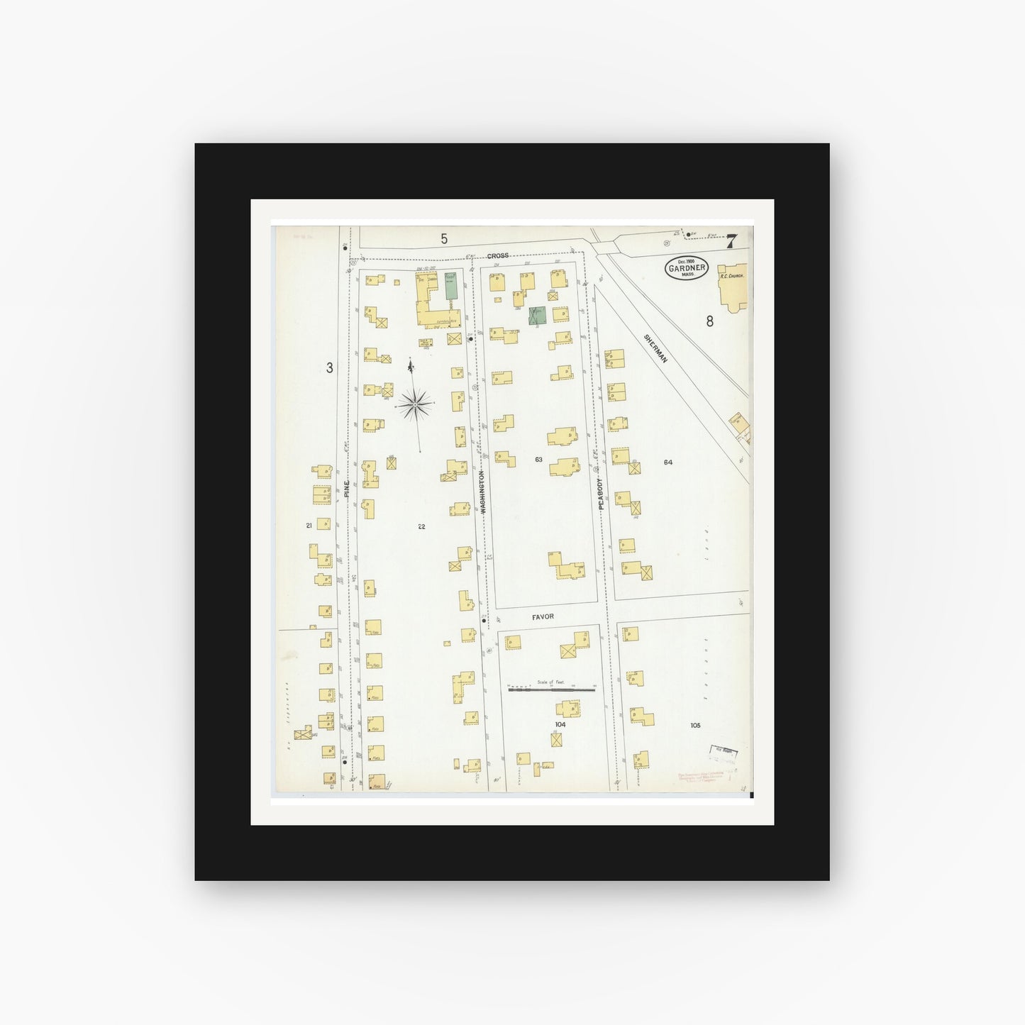 Old map wall art mockup — black gallery frame with white mat — Sanborn Fire Insurance Map from Gardner, Worcester County, Massachusetts (1900), Sheet #0007