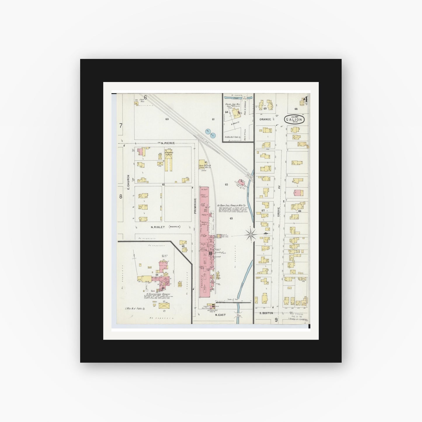 Old map wall art mockup — black gallery frame with white mat — Sanborn Fire Insurance Map from Galion, Crawford County, Ohio (1897), Sheet #0004