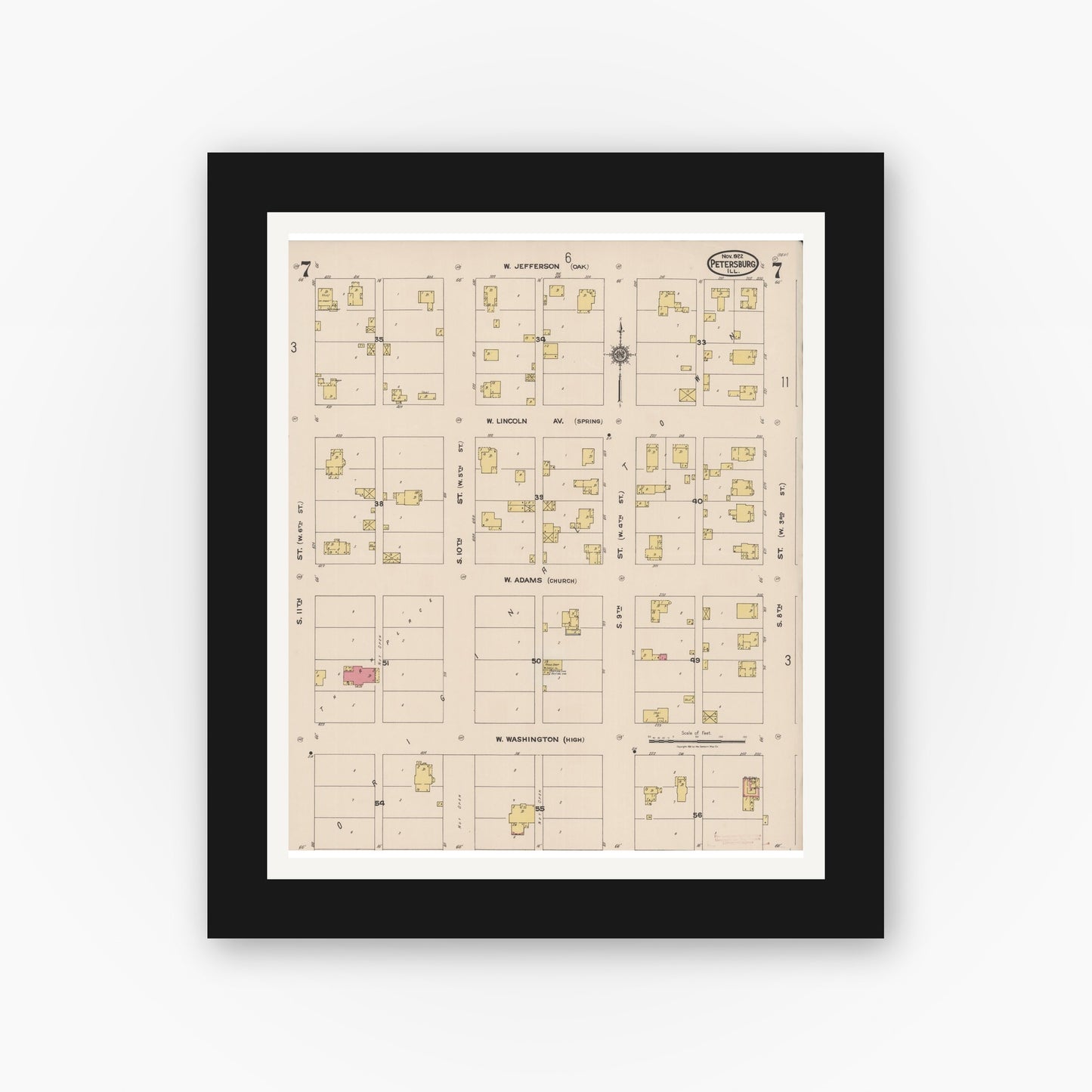 Old map wall art mockup — black gallery frame with white mat — Sanborn Fire Insurance Map from Petersburg, Menard County, Illinois (1922), Sheet #0007