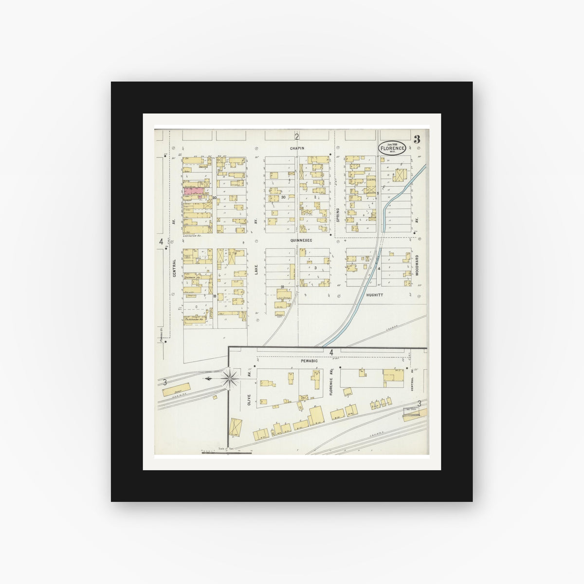 Old map wall art mockup — black gallery frame with white mat — Sanborn Fire Insurance Map from Florence, Florence County, Wisconsin (1898), Sheet #0003