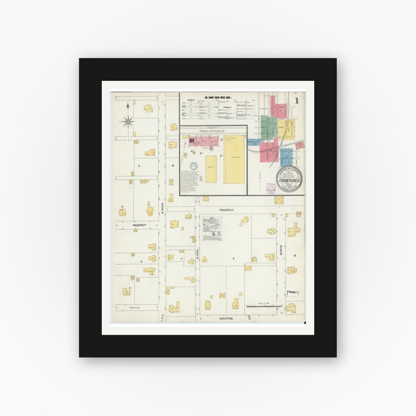 Old map wall art mockup — black gallery frame with white mat — Sanborn Fire Insurance Map from Farmersville, Collin County, Texas (1902) - Complete Map Set