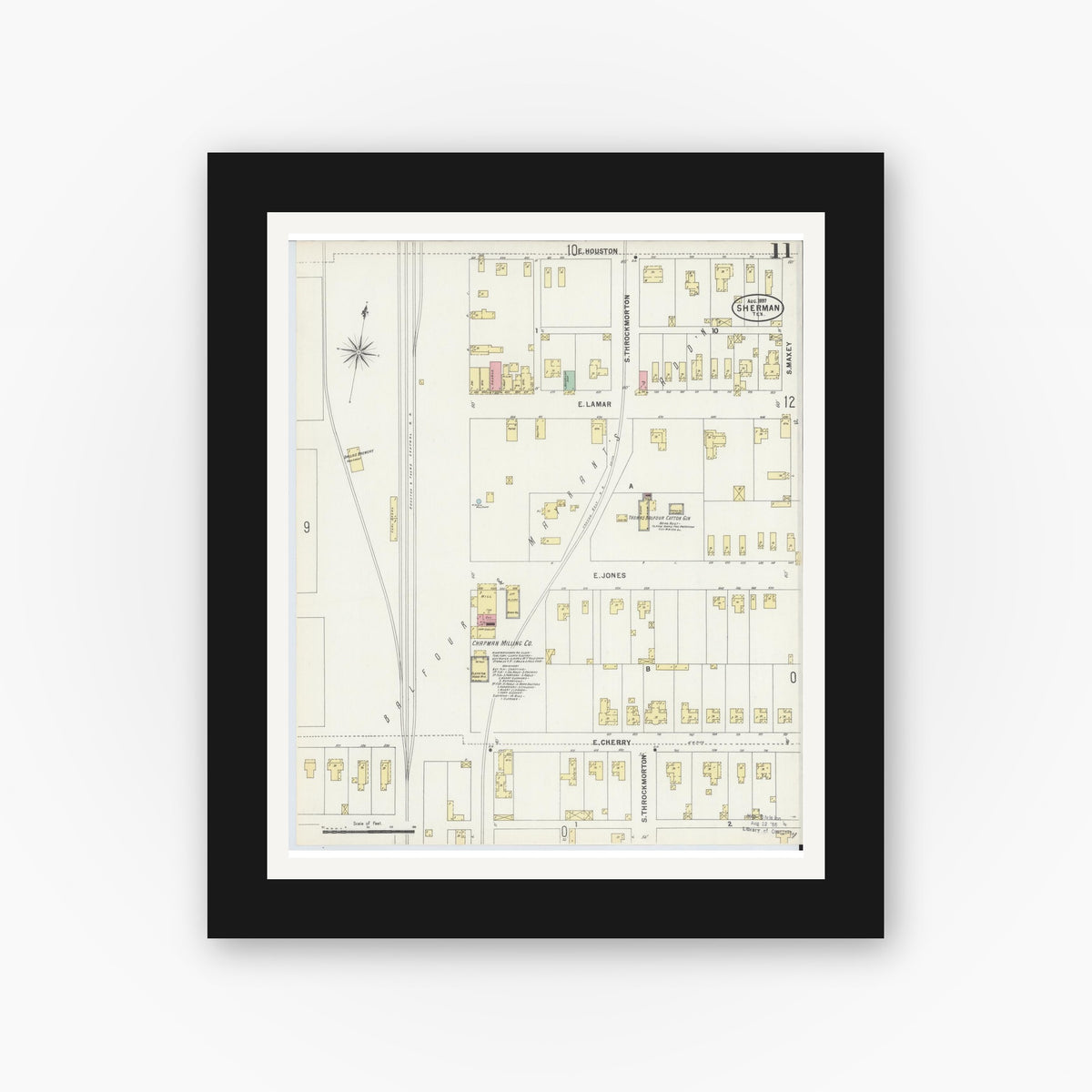 Old map wall art mockup — black gallery frame with white mat — Sanborn Fire Insurance Map from Sherman, Grayson County, Texas (1897), Sheet #0011