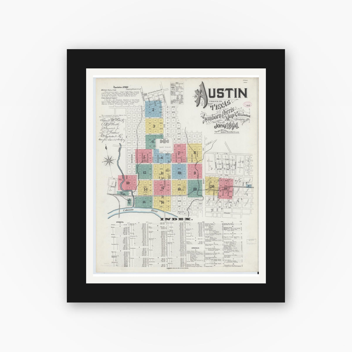 Old map wall art mockup — black gallery frame with white mat — Sanborn Fire Insurance Map from Austin, Travis County, Texas (1894) - Complete Map Set