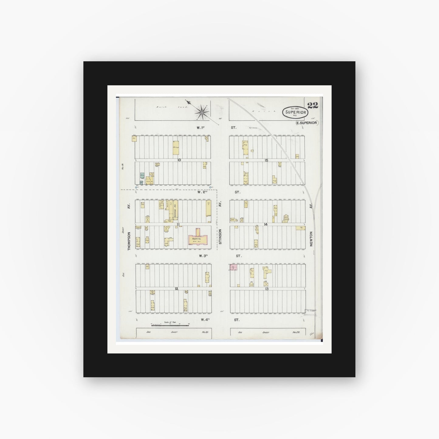 Old map wall art mockup — black gallery frame with white mat — Sanborn Fire Insurance Map from Superior, Douglas County, Wisconsin (1889), Sheet #0022