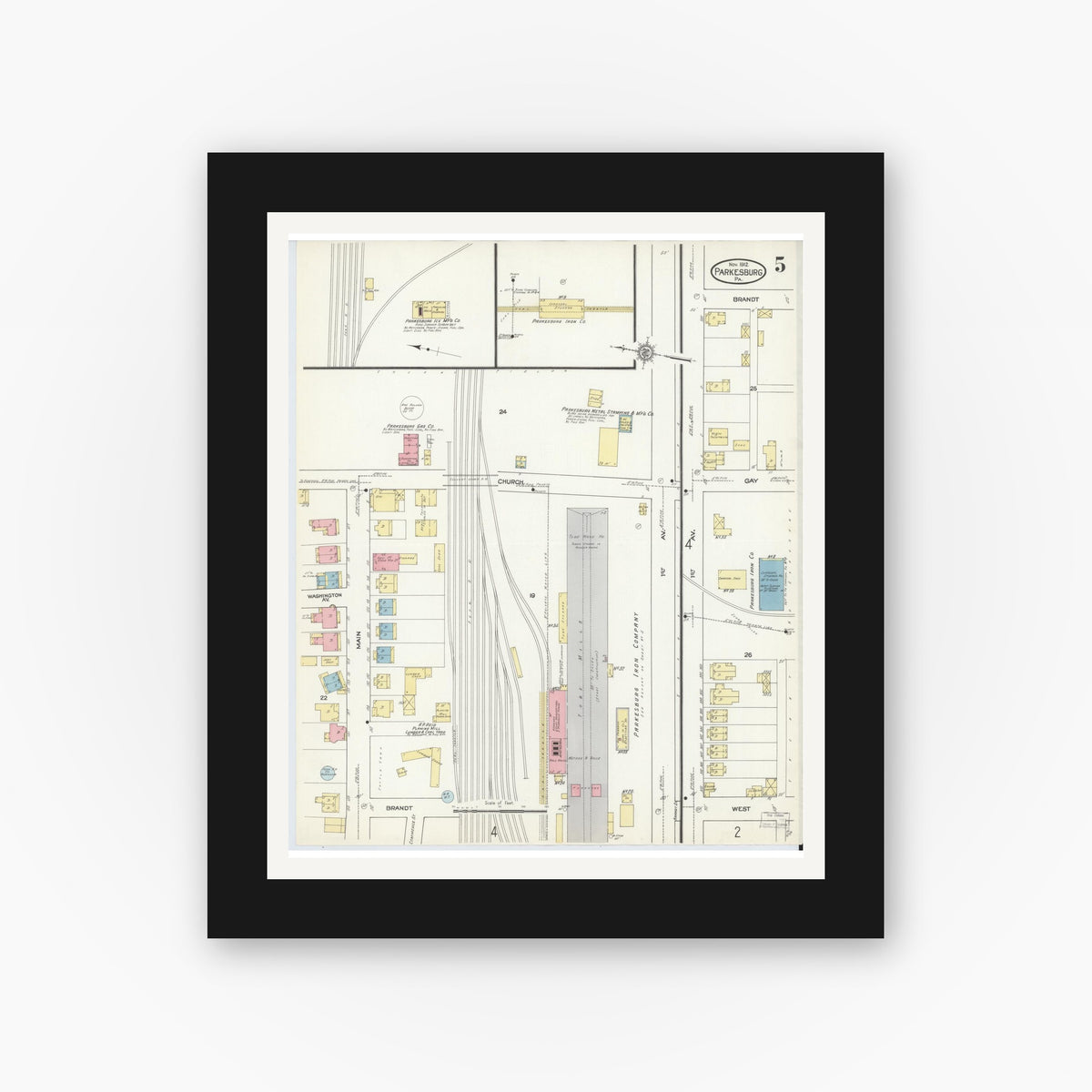 Old map wall art mockup — black gallery frame with white mat — Sanborn Fire Insurance Map from Parkesburg, Chester County, Pennsylvania (1912), Sheet #0005