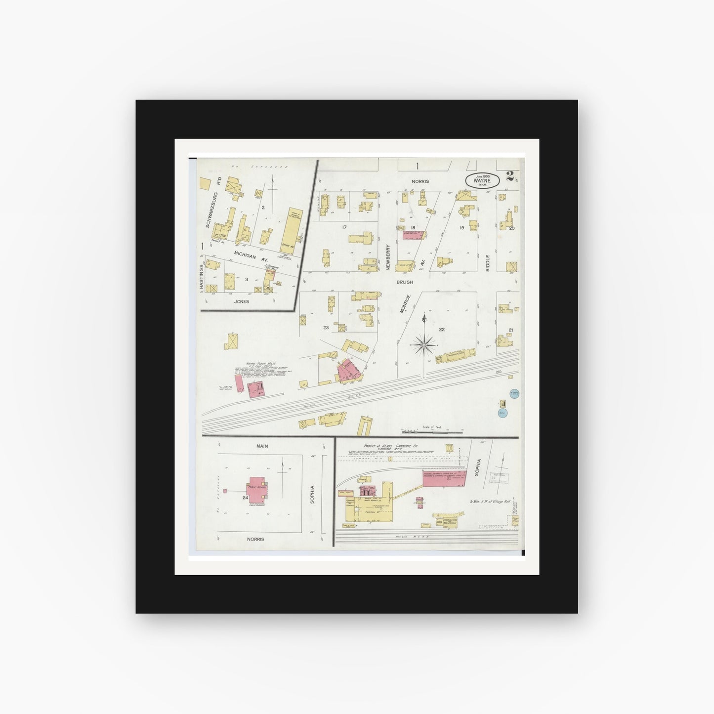 Old map wall art mockup — black gallery frame with white mat — Sanborn Fire Insurance Map from Wayne, Wayne County, Michigan (1900), Sheet #0002
