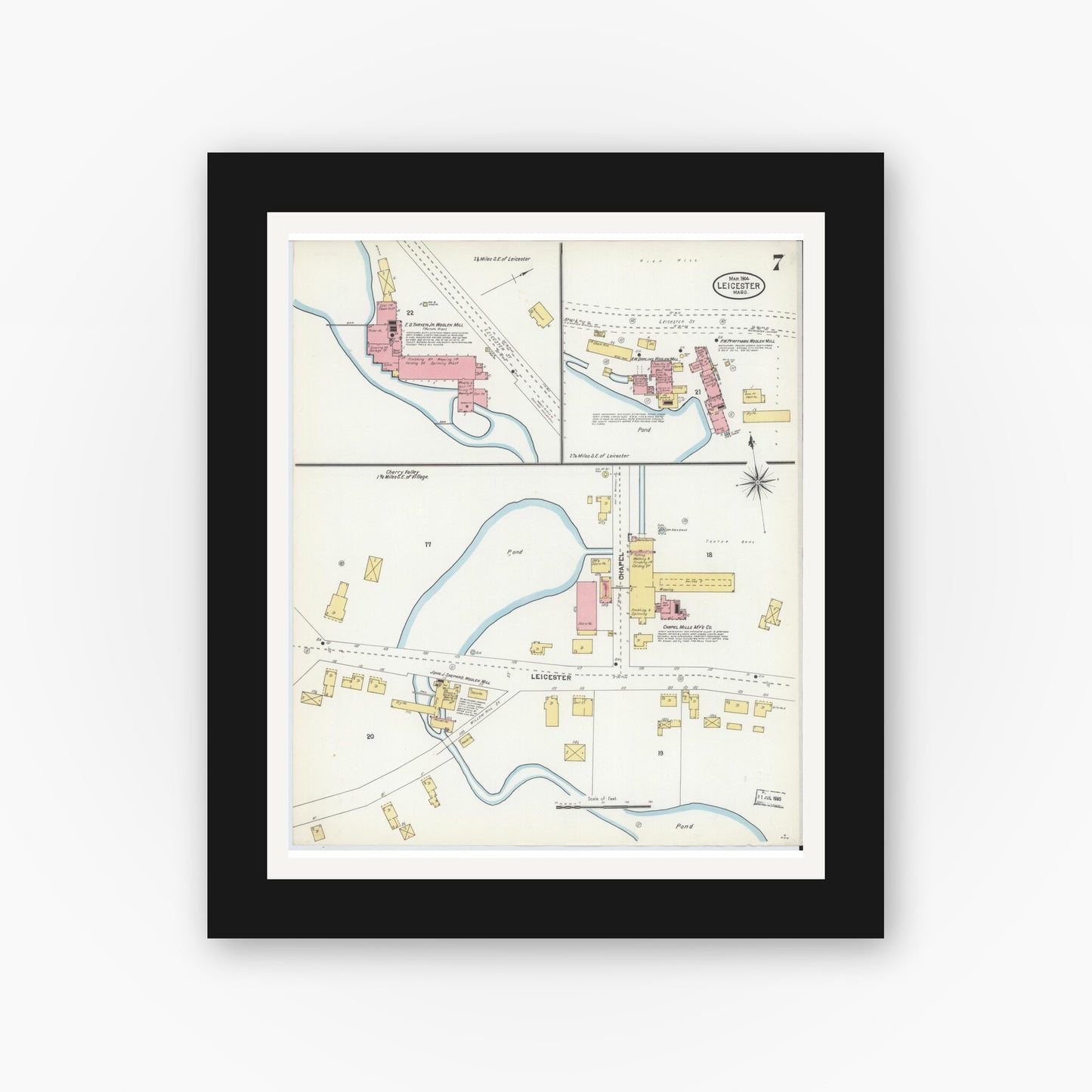 Old map wall art mockup — black gallery frame with white mat — Sanborn Fire Insurance Map from Leicester, Worcester County, Massachusetts (1904), Sheet #0007