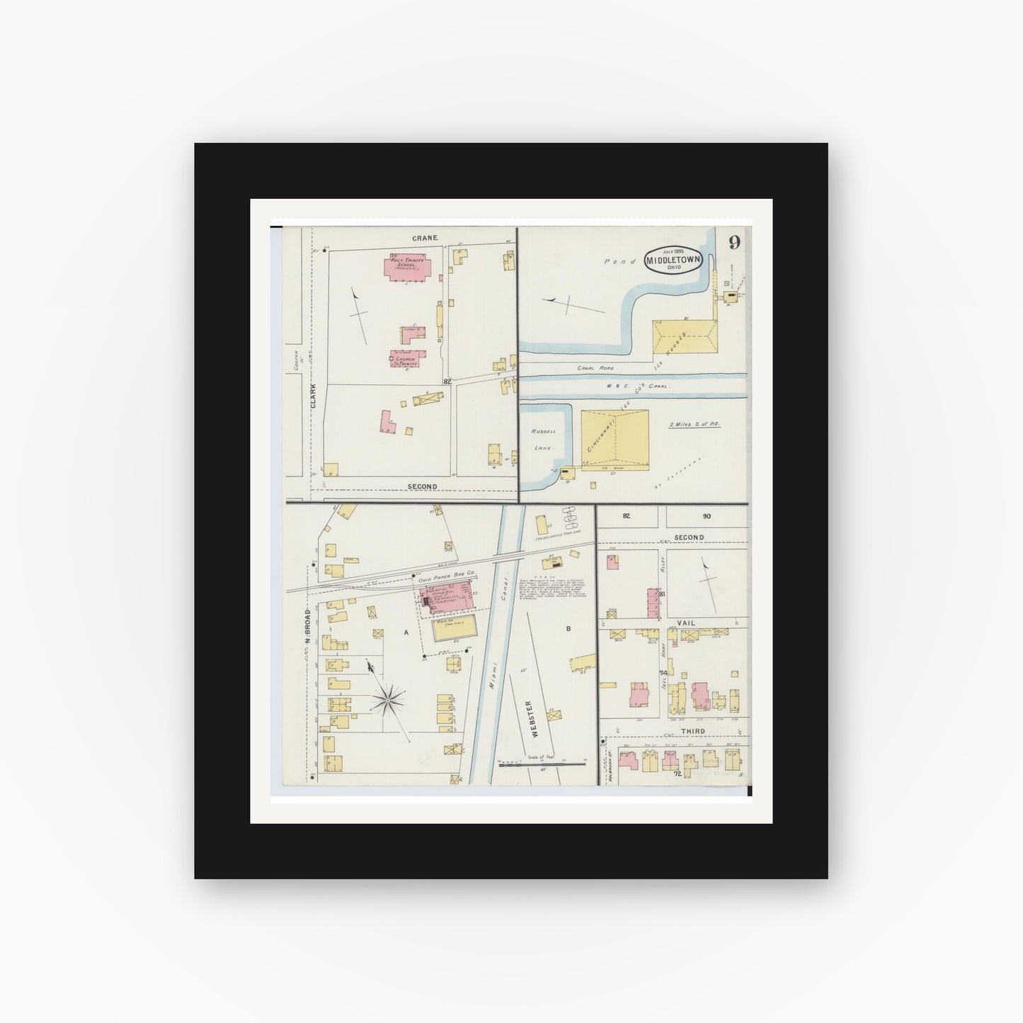 Old map wall art mockup — black gallery frame with white mat — Sanborn Fire Insurance Map from Middletown, Butler County, Ohio (1895), Sheet #0009