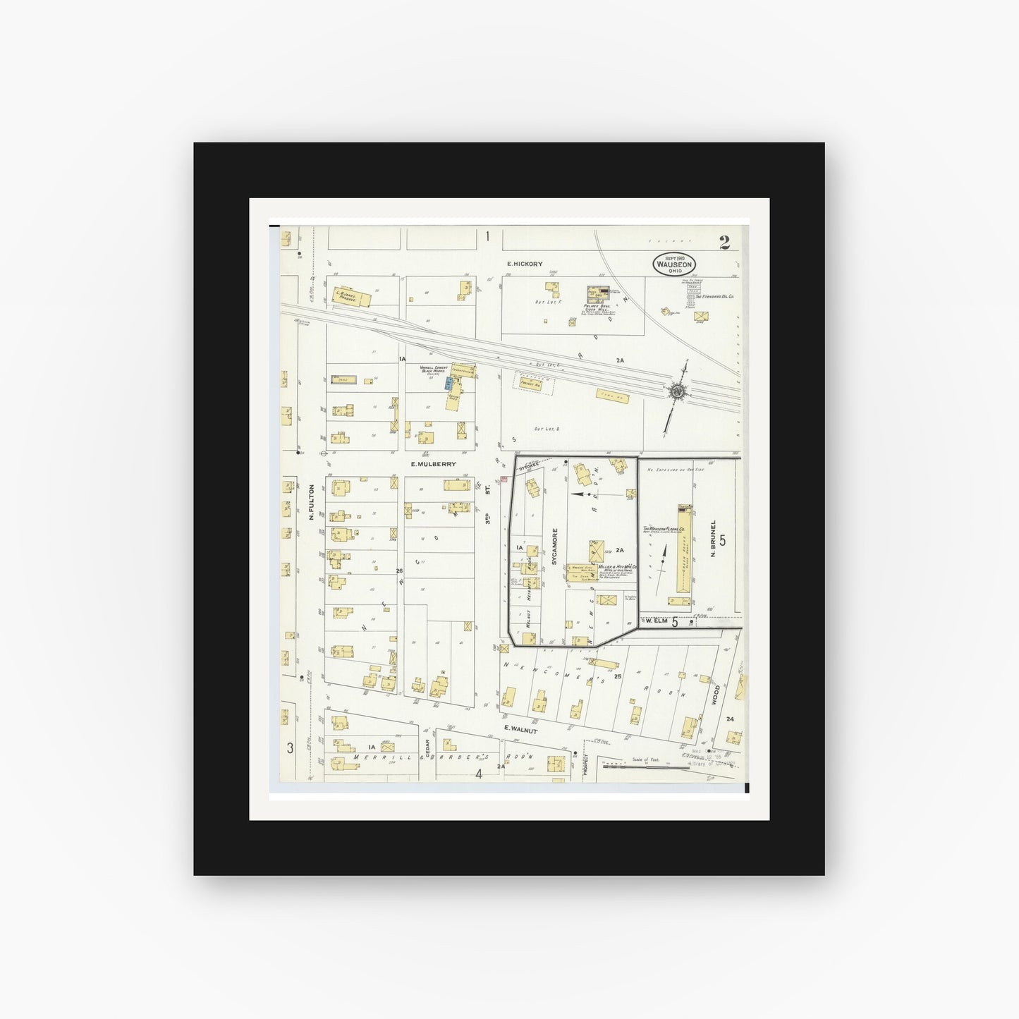 Old map wall art mockup — black gallery frame with white mat — Sanborn Fire Insurance Map from Wauseon, Fulton County, Ohio (1910), Sheet #0002