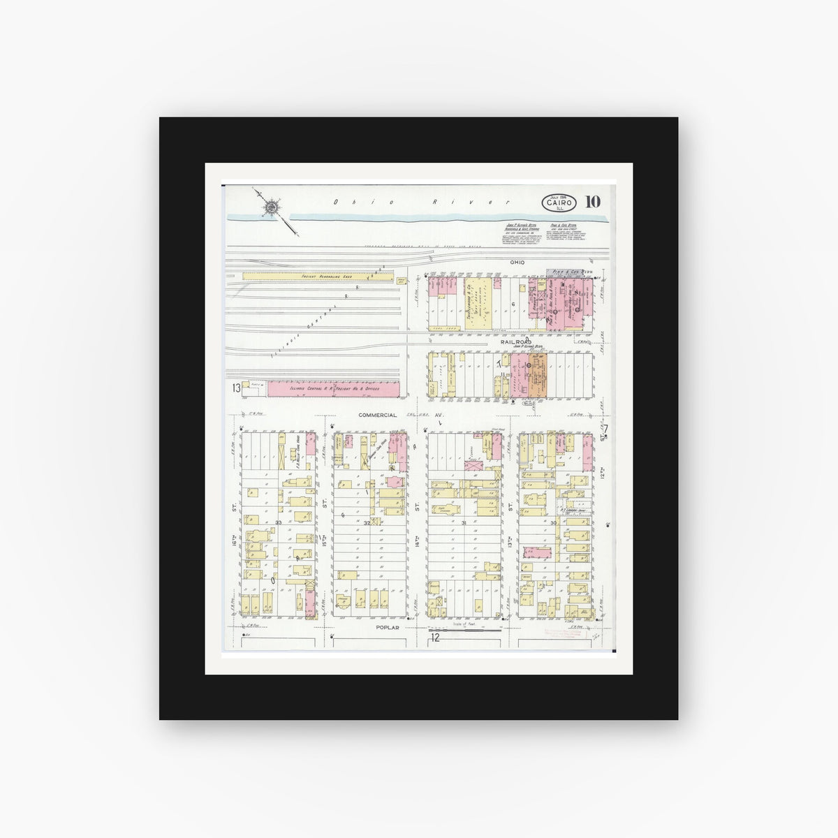 Old map wall art mockup — black gallery frame with white mat — Sanborn Fire Insurance Map from Cairo, Alexander County, Illinois (1914), Sheet #0010