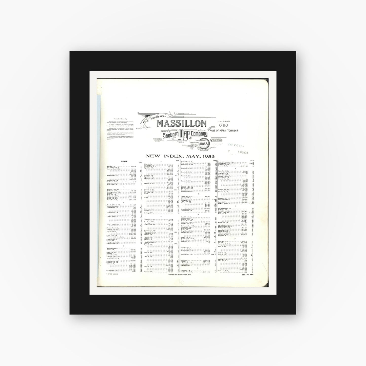 Old map wall art mockup — black gallery frame with white mat — Sanborn Fire Insurance Map from Massillon, Stark County, Ohio (1953), Sheet #0001