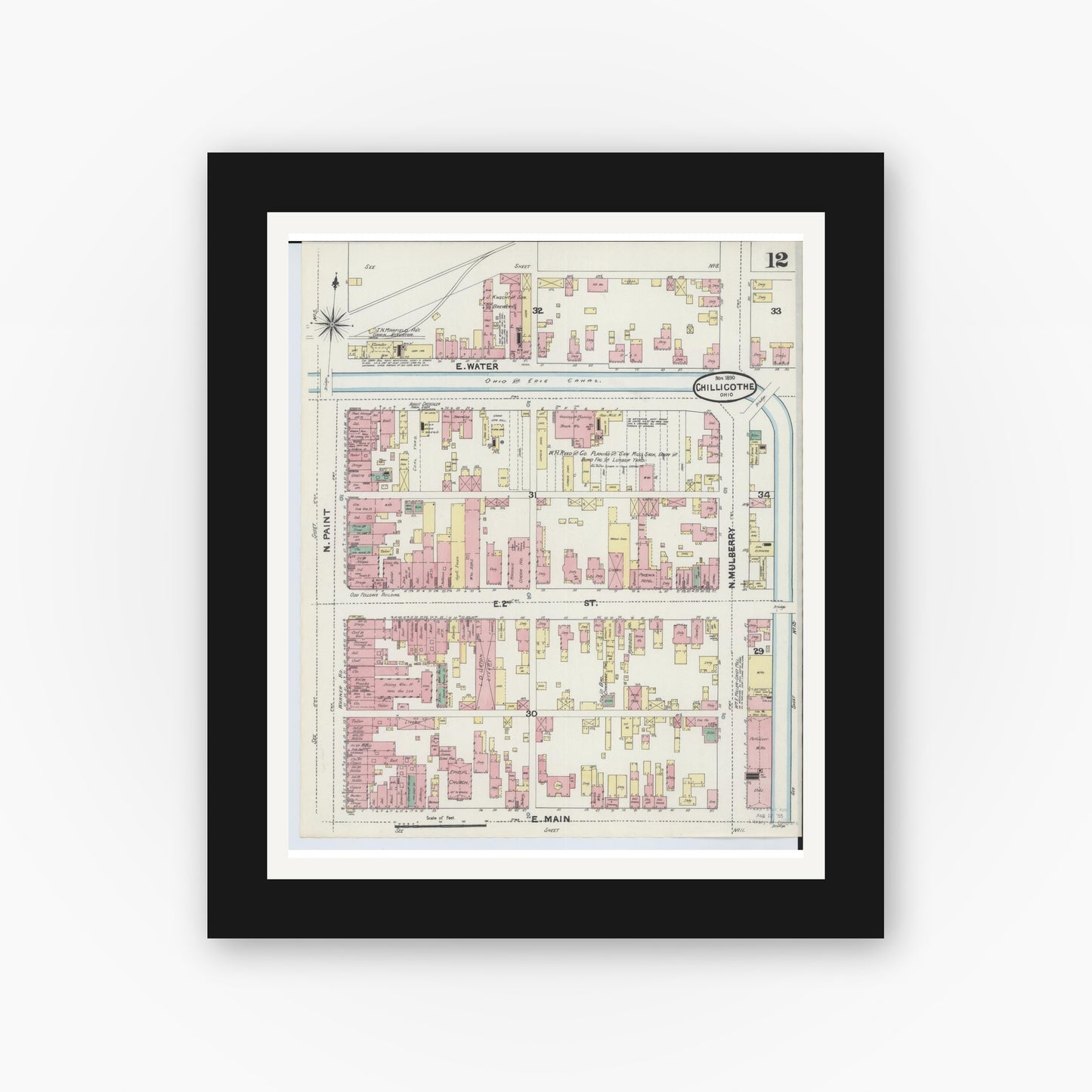 Old map wall art mockup — black gallery frame with white mat — Sanborn Fire Insurance Map from Chillicothe, Ross County, Ohio (1890), Sheet #0012