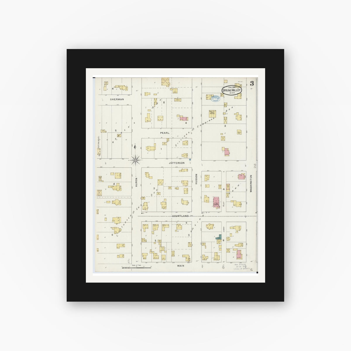 Old map wall art mockup — black gallery frame with white mat — Sanborn Fire Insurance Map from Spring Valley, Fillmore County, Minnesota (1894), Sheet #0003