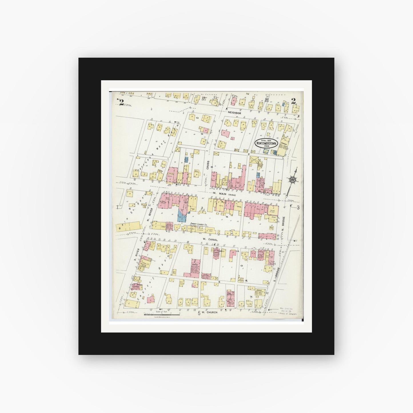 Old map wall art mockup — black gallery frame with white mat — Sanborn Fire Insurance Map from Newcomerstown, Tuscarawas County, Ohio (1924), Sheet #0002