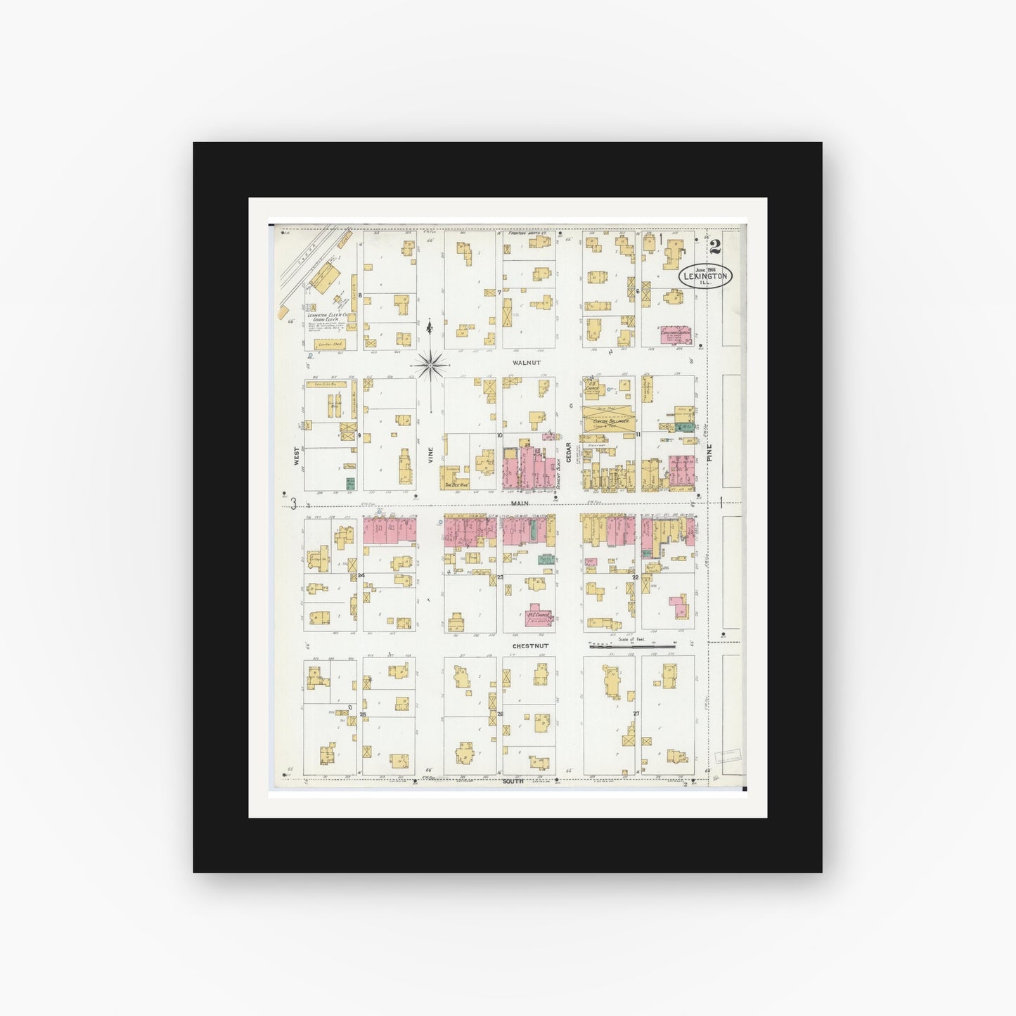 Old map wall art mockup — black gallery frame with white mat — Sanborn Fire Insurance Map from Lexington, McLean County, Illinois (1906), Sheet #0002