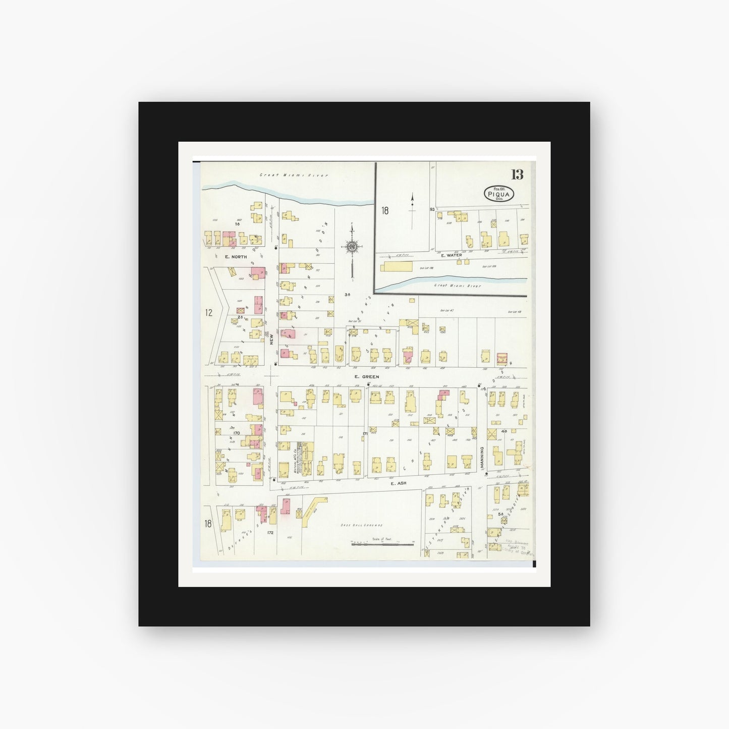 Old map wall art mockup — black gallery frame with white mat — Sanborn Fire Insurance Map from Piqua, Miami County, Ohio (1911), Sheet #0013