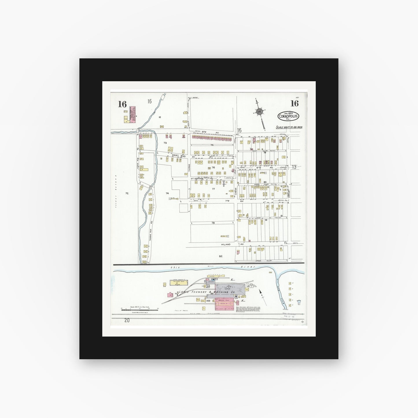 Old map wall art mockup — black gallery frame with white mat — Sanborn Fire Insurance Map from Coraopolis, Allegheny County, Pennsylvania (1924), Sheet #0016