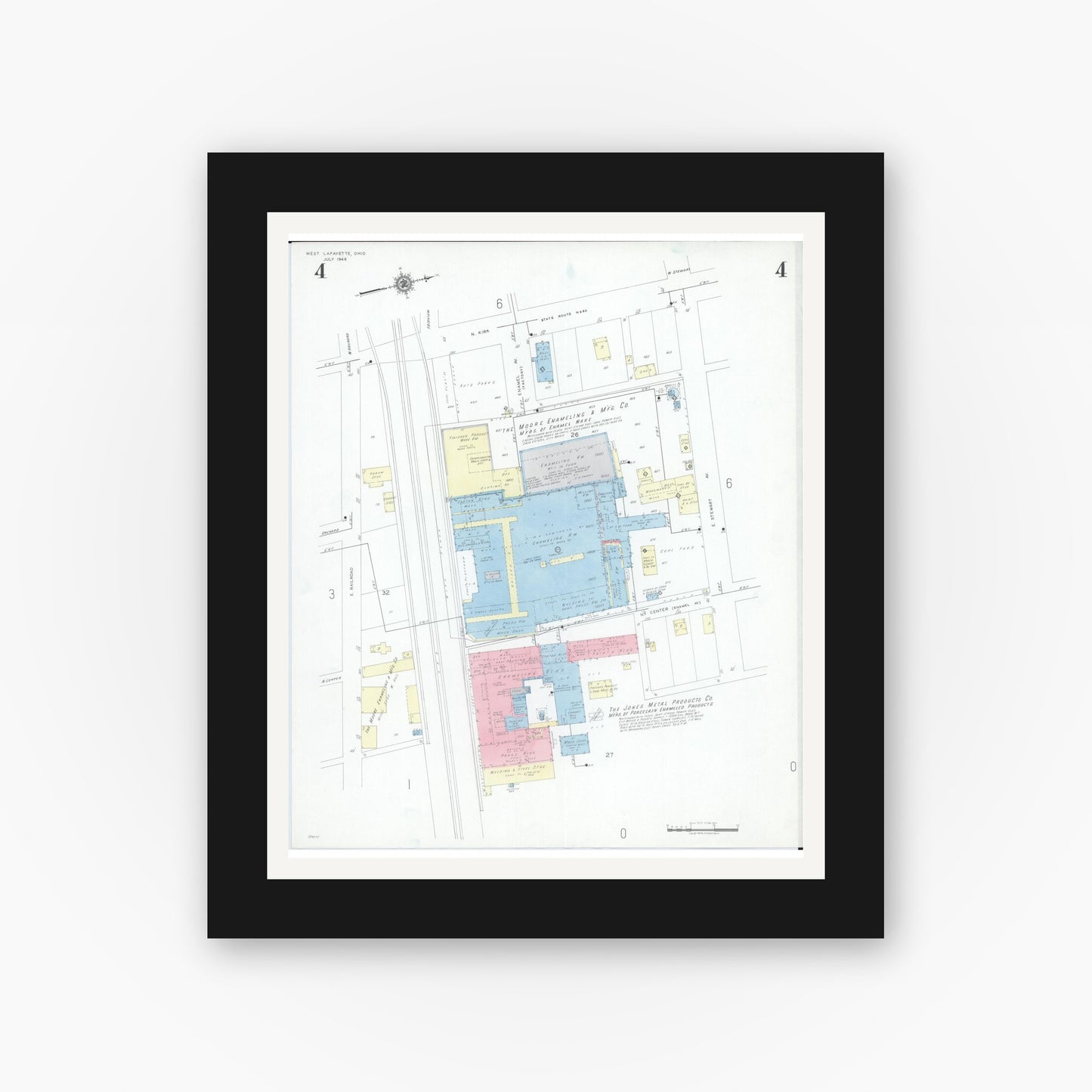 Old map wall art mockup — black gallery frame with white mat — Sanborn Fire Insurance Map from West Lafayette, Coshocton County, Ohio (1946), Sheet #0004