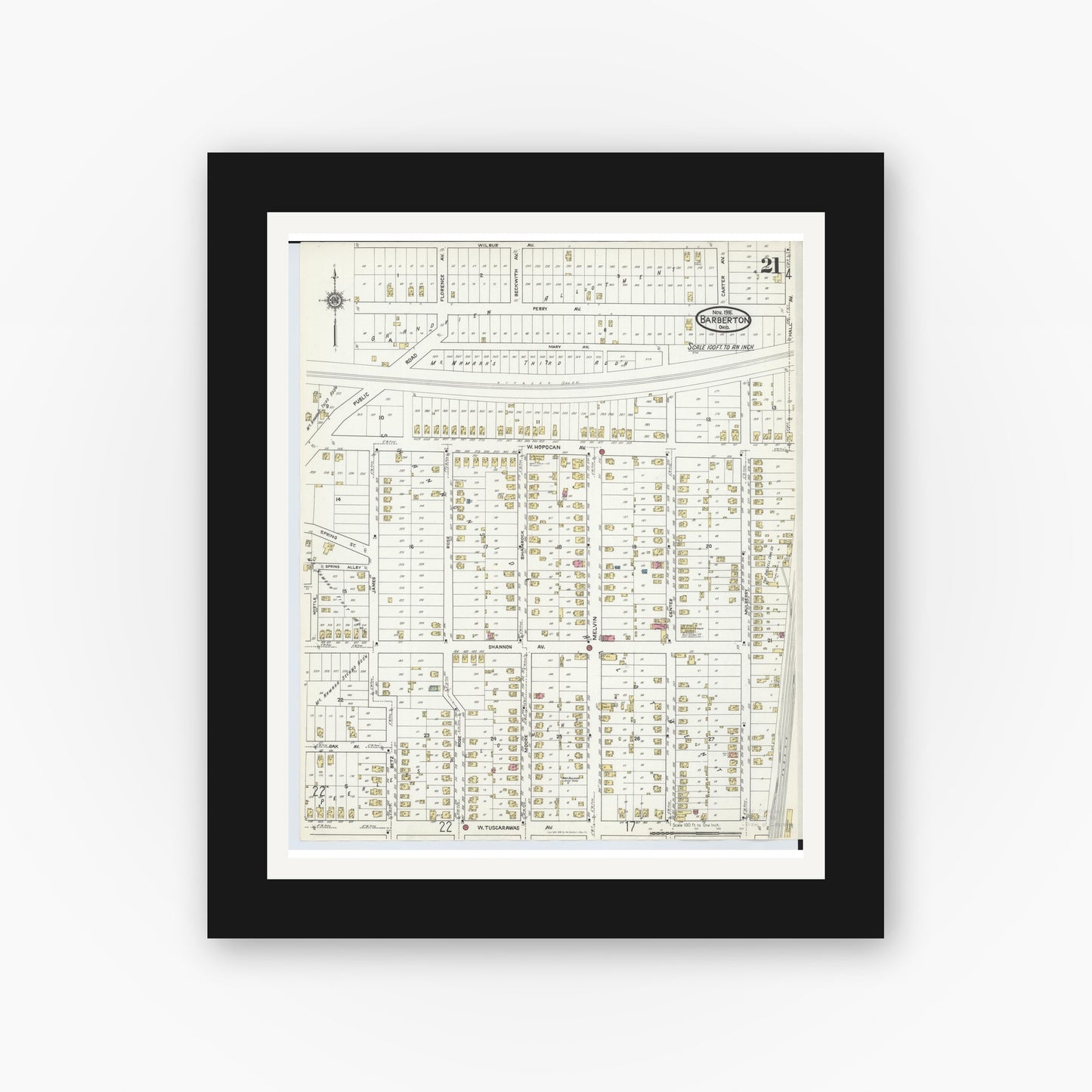 Old map wall art mockup — black gallery frame with white mat — Sanborn Fire Insurance Map from Barberton, Summit County, Ohio (1916), Sheet #0021