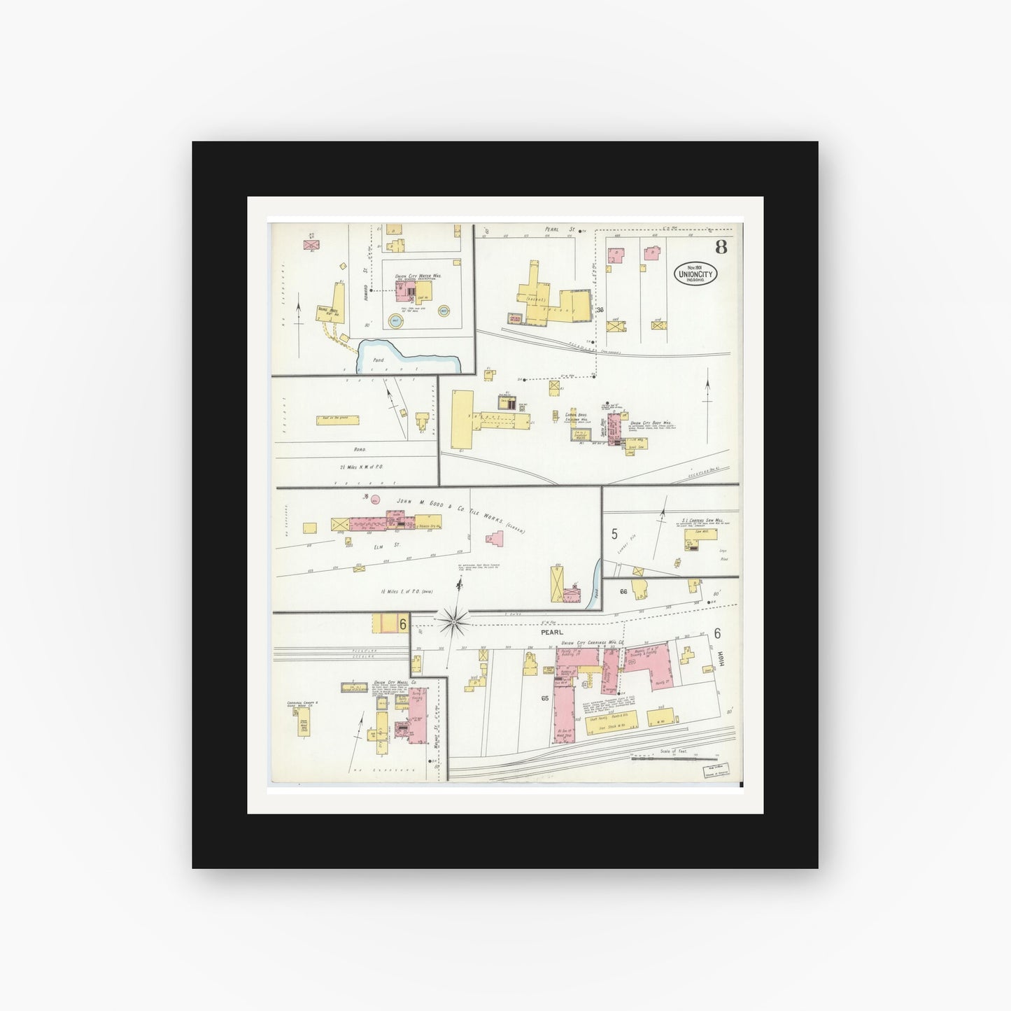 Old map wall art mockup — black gallery frame with white mat — Sanborn Fire Insurance Map from Union City, Randolph County, Indiana (1901), Sheet #0008