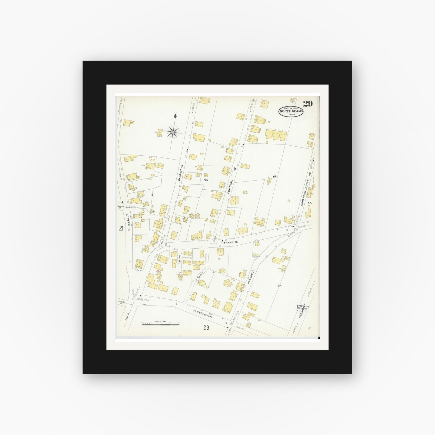 Old map wall art mockup — black gallery frame with white mat — Sanborn Fire Insurance Map from North Adams, Berkshire County, Massachusetts (1908), Sheet #0029