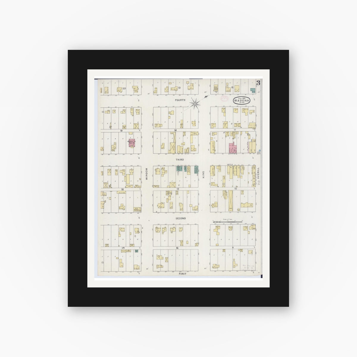 Old map wall art mockup — black gallery frame with white mat — Sanborn Fire Insurance Map from Wadena, Wadena County, Minnesota (1894), Sheet #0003