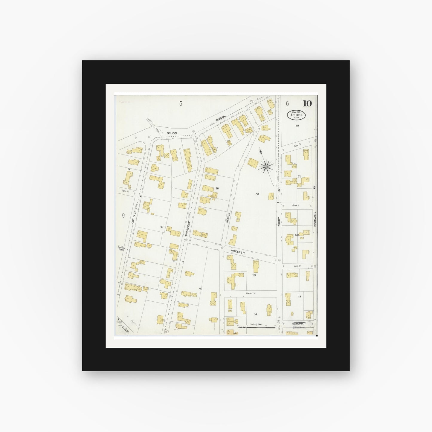 Old map wall art mockup — black gallery frame with white mat — Sanborn Fire Insurance Map from Athol, Worcester County, Massachusetts (1905), Sheet #0010