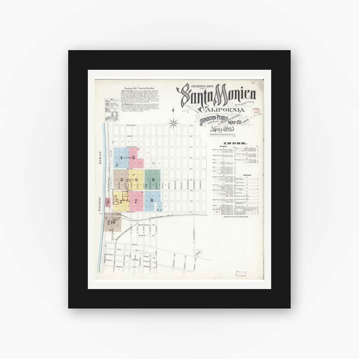 Old map wall art mockup — black gallery frame with white mat — Sanborn Fire Insurance Map from Santa Monica, Los Angeles County, California (1895) - Complete Map Set
