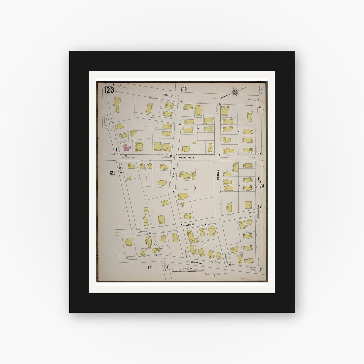 Old map wall art mockup — black gallery frame with white mat — Sanborn Fire Insurance Map from Worcester, Worcester County, Massachusetts (1910), Sheet #0123