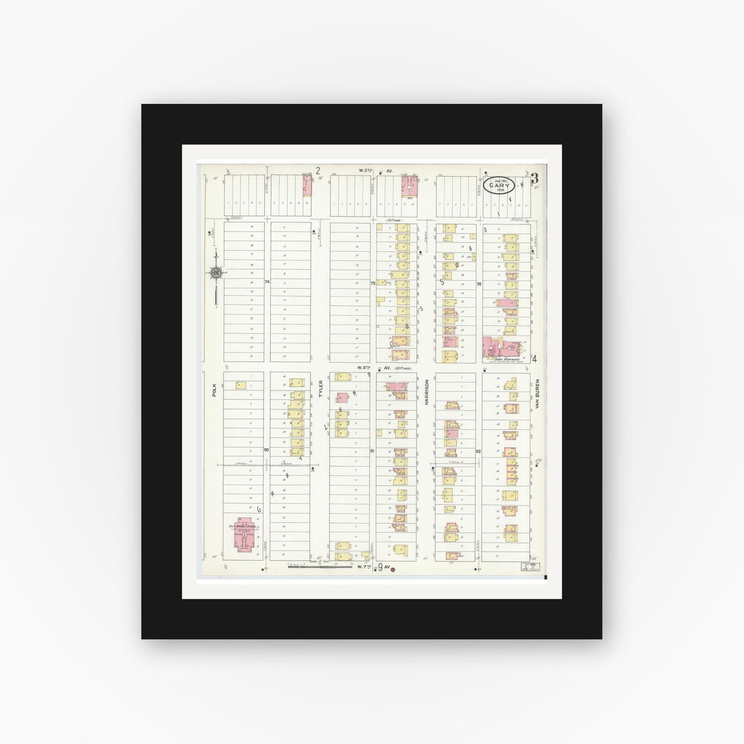 Old map wall art mockup β black gallery frame with white mat β Sanborn Fire Insurance Map from Gary, Lake County, Indiana (1911), Sheet #0003