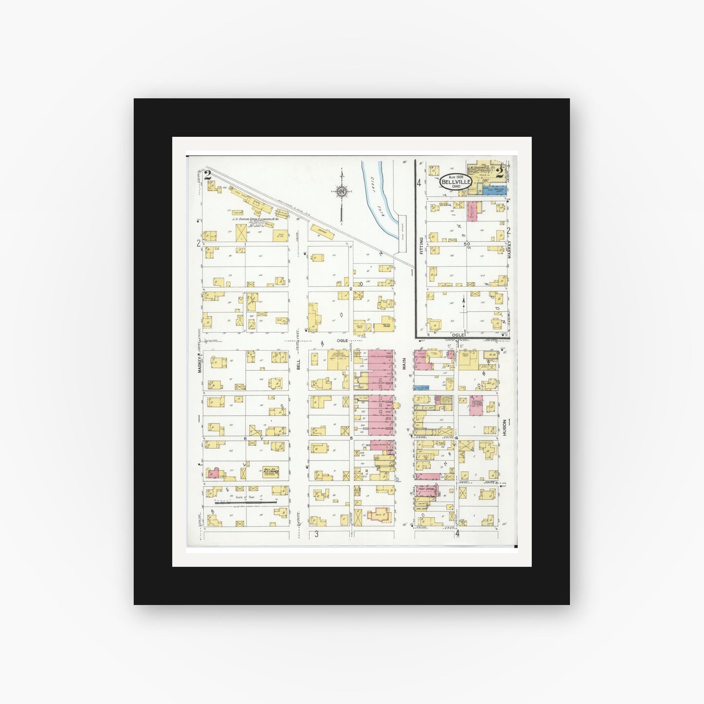 Old map wall art mockup — black gallery frame with white mat — Sanborn Fire Insurance Map from Bellville, Richland County, Ohio (1926), Sheet #0002