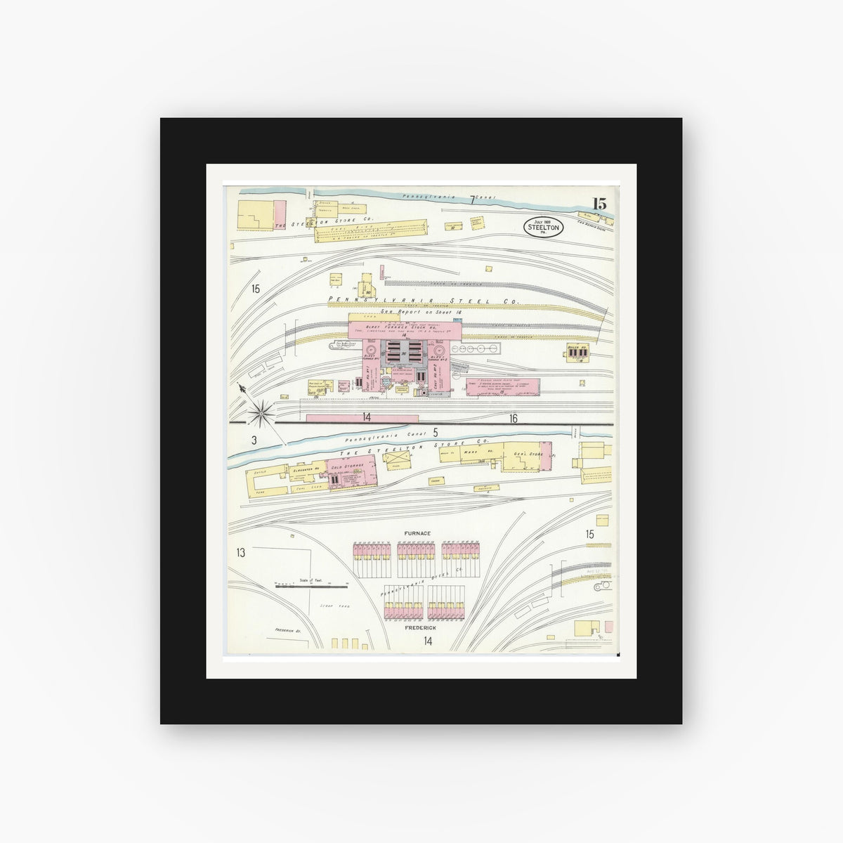 Old map wall art mockup — black gallery frame with white mat — Sanborn Fire Insurance Map from Steelton, Dauphin County, Pennsylvania (1909), Sheet #0015