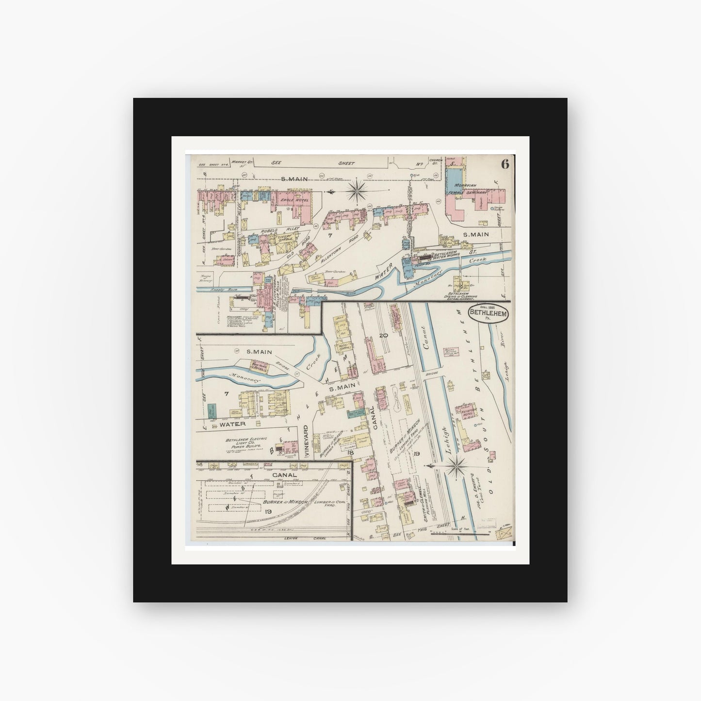 Old map wall art mockup — black gallery frame with white mat — Sanborn Fire Insurance Map from Bethlehem, Northampton And Lehigh Counties, Pennsylvania (1885), Sheet #0006