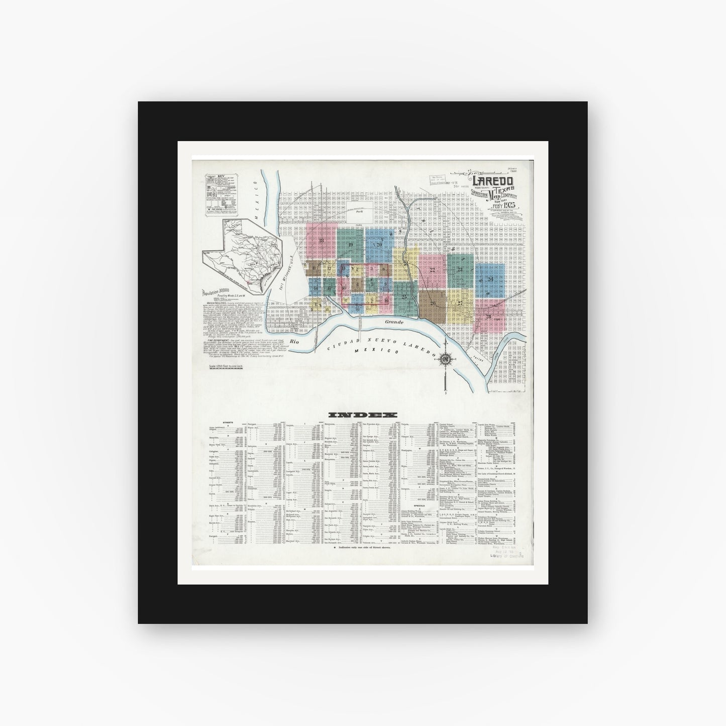Old map wall art mockup — black gallery frame with white mat — Sanborn Fire Insurance Map from Laredo, Webb County, Texas (1925), Sheet #0001