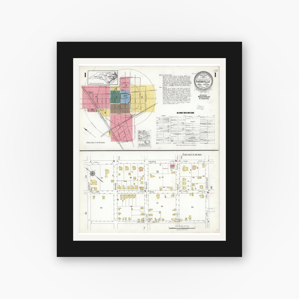Old map wall art mockup — black gallery frame with white mat — Sanborn Fire Insurance Map from Farmville, Pitt County, North Carolina (1923), Sheet #0001
